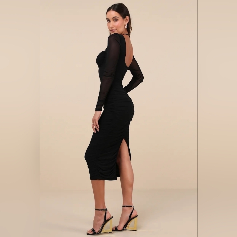 Lulus Dramatic Demure Black Mesh Halter Bustier Midi Dress M Wedding Party - Picture 4 of 10